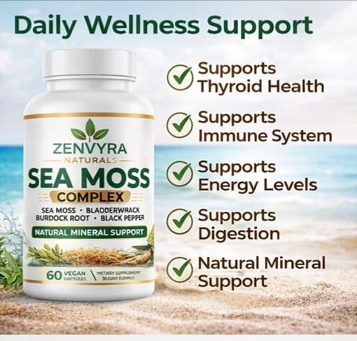 Zenvyra Naturals Organic Sea Moss with Bladderwrack & Burdock Root, Thyroid Support & Immune Booster, Wildcrafted Irish Moss Supplement, 90 Capsules
