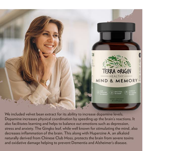 TERRA ORIGIN Healthy Mind and Memory Support Supplement Cognitive Memory Matrix Nootropic CDP, Bacopa, L-Tyrosine, Huperzine A, Ginkgo, B12 Capsule 30 Count