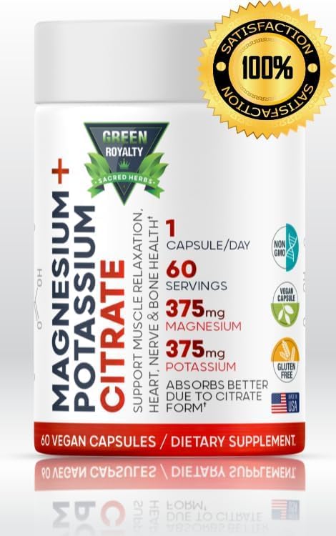 GREEN ROYALTY Magnesium Citrate + Potassium Premium Vegan Capsules, 60 Count