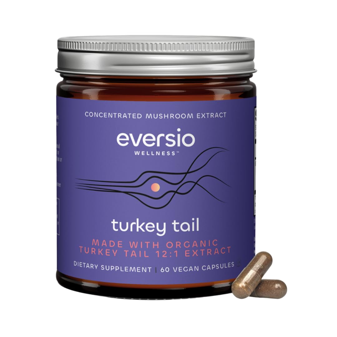 Eversio Wellness Organic Turkey Tail Capsules 12:1 Extract, 45% Beta Glucans Fruiting Body Mushroom Supplement for Immune Support, 60 Capsules