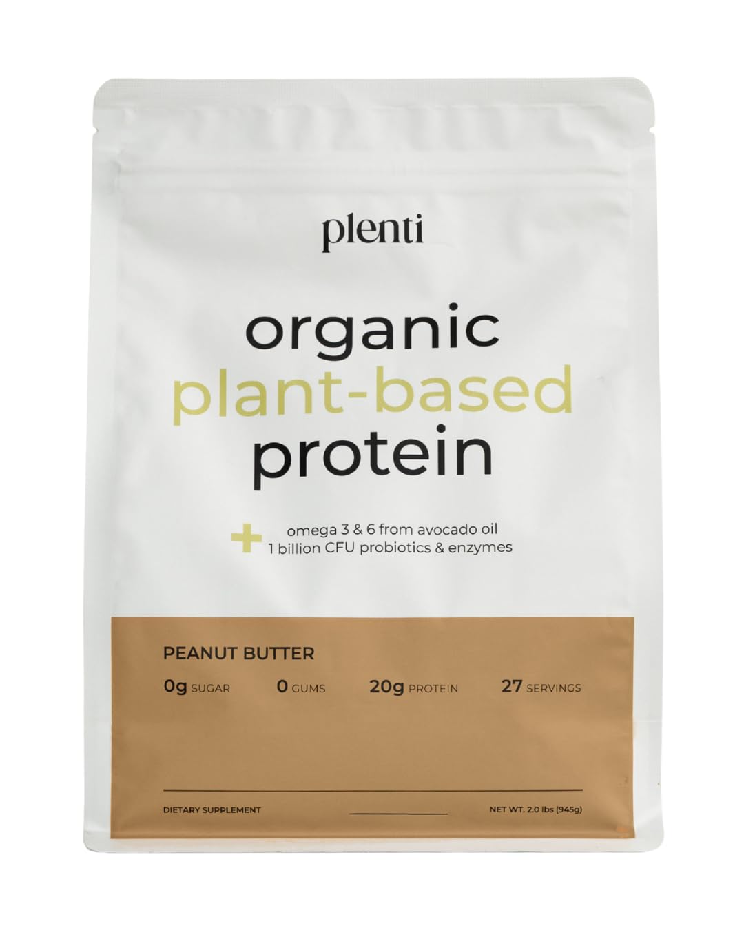 Plenti Organic Plant-Based Protein Powder Peanut Butter, 32 Servings