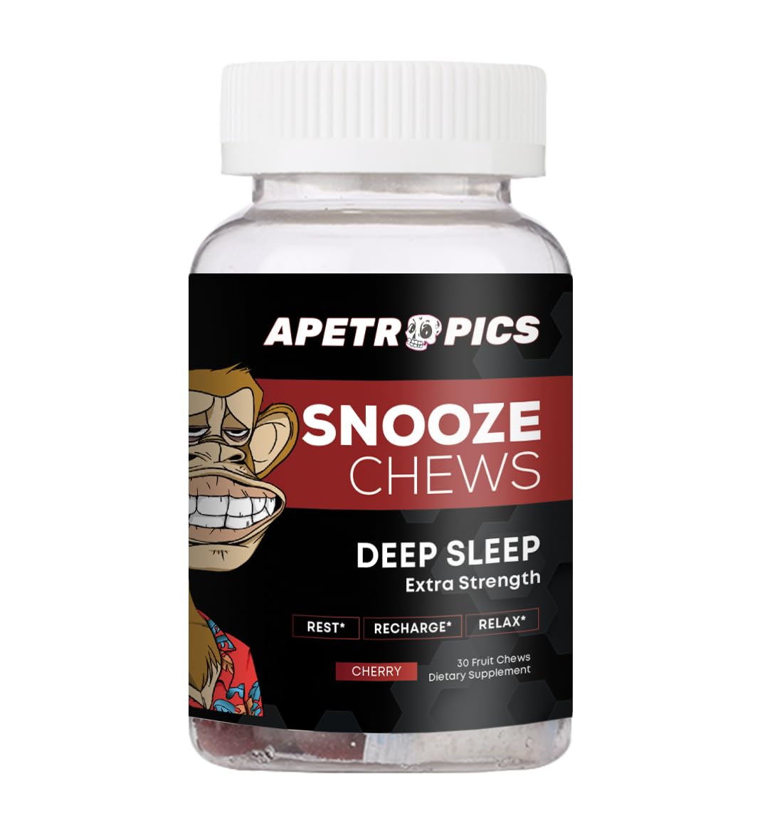 Apetropics Snooze Chews Gummy Deep Sleep Formula with L-Theanine, Chamomile, Melatonin, Tart Cherry & Magnesium - Cherry Flavor, 30 Count