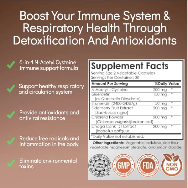 Anathapindika Health Super Immune Support, 6-in-1 Immune Supplement, N-Acetyl Cysteine (NAC), Quercetin, Elderberry, Chlorella, Chaga & Bromelain Capsules, 60 Count