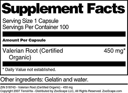 Terravita Valerian Root (Certified Organic) 450 mg Capsules, 100 Count