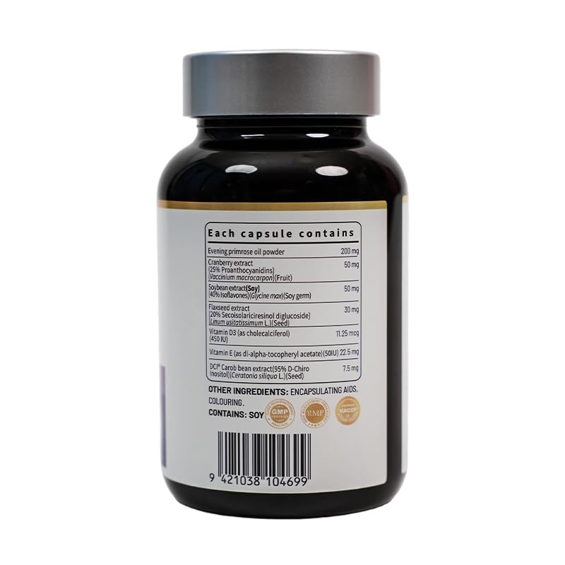 FKOOO Isoflavone Inositol Capsules for Women with Evening Primrose Oil, Flaxseed, Cranberry, Vitamins D & E, 60 Capsules