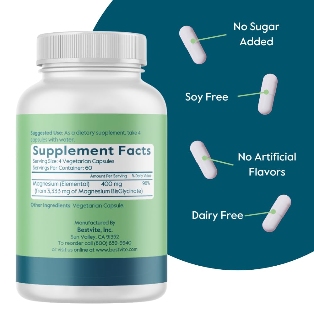 BESTVITE Magnesium Glycinate 400mg per Serving, Capsules, 240 Count