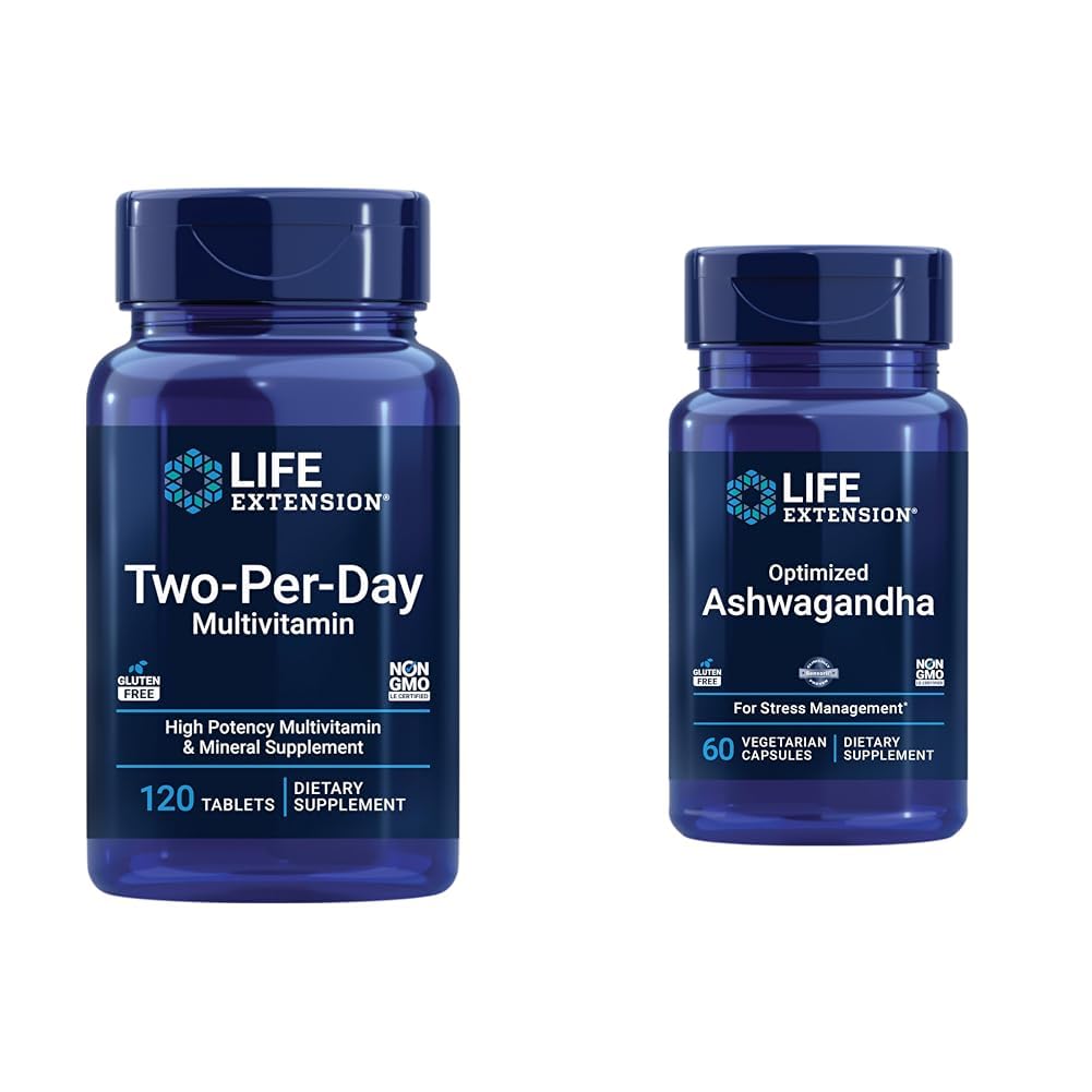 Life Extension Two-Per-Day 120 Tablet Multivitamin & 60 Capsule Optimized Ashwagandha Stress Relief Supplement Bundle, 180 Count