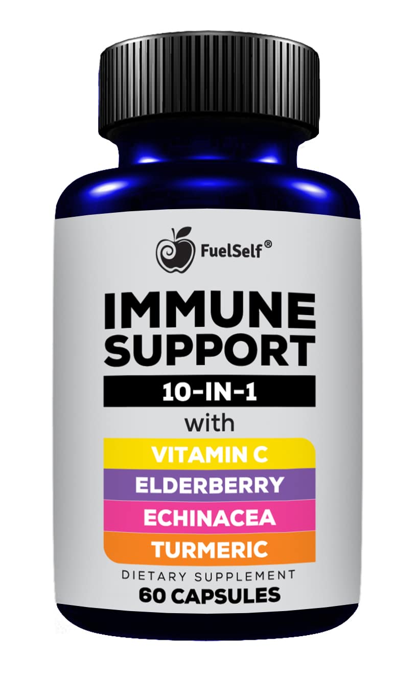 FuelSelf Immune Support Booster Supplement with Elderberry, Vitamin C, Echinacea, Turmeric Curcuminoids, Vitamin E, Vitamin B6, Zinc, L-Glutamine HCL, Garlic, Lactobacillus Acidophilus Capsules, 60 Count