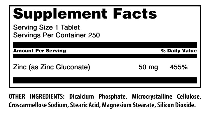 Amazing Nutrition Zinc Gluconate 50 mg Supplement Tablets, 250 Count