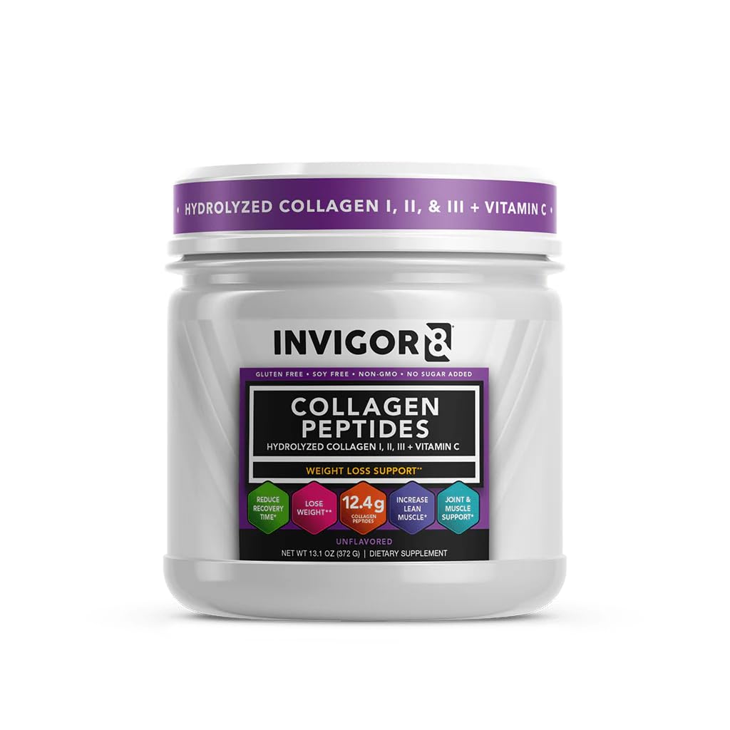 INVIGOR8 Collagen Peptides Powder Hydrolyzed with Vitamin C Type I, II, & III, Unflavored Non-GMO Grass-Fed 13.1 Ounce
