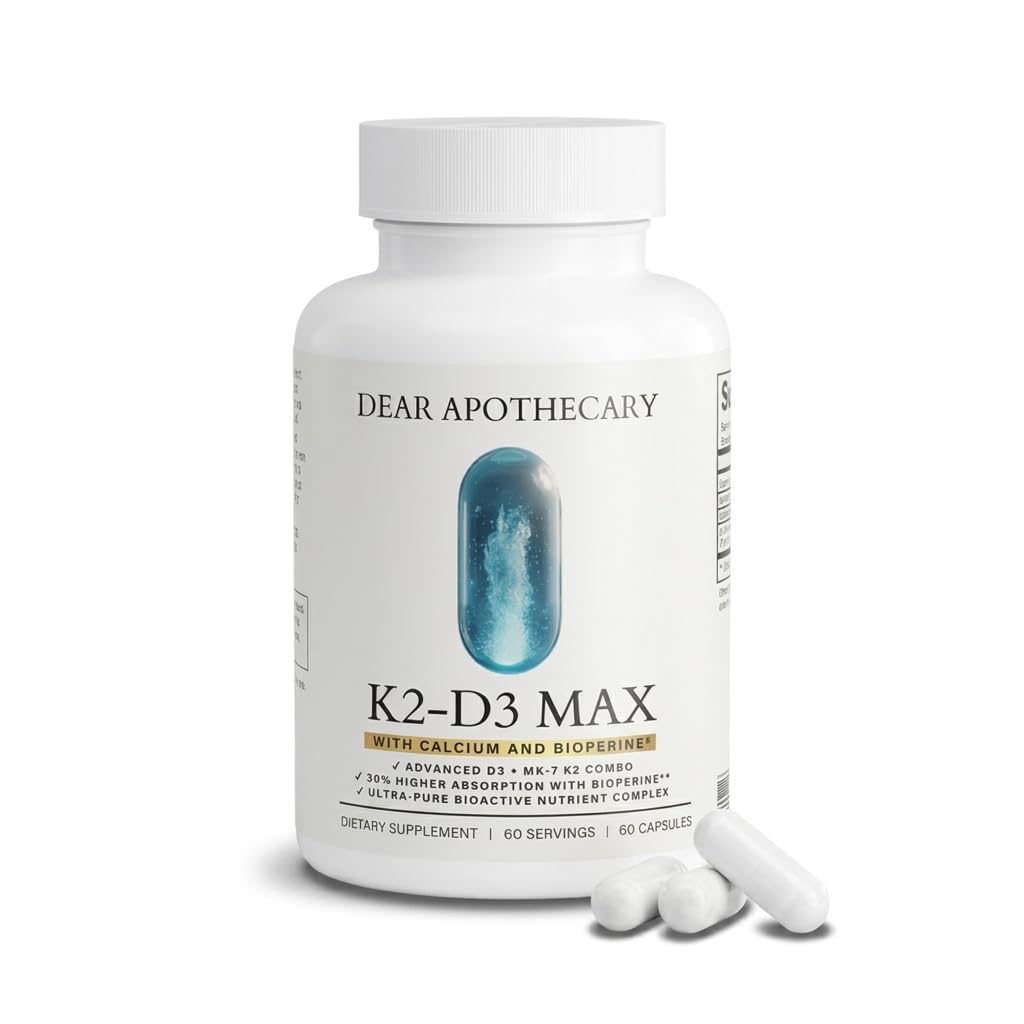 Dear Apothecary K2-D3 Max Vitamin D3 125mcg + K2 MK-7 100mcg with Calcium 210mg and BioPerine, 60 Capsules