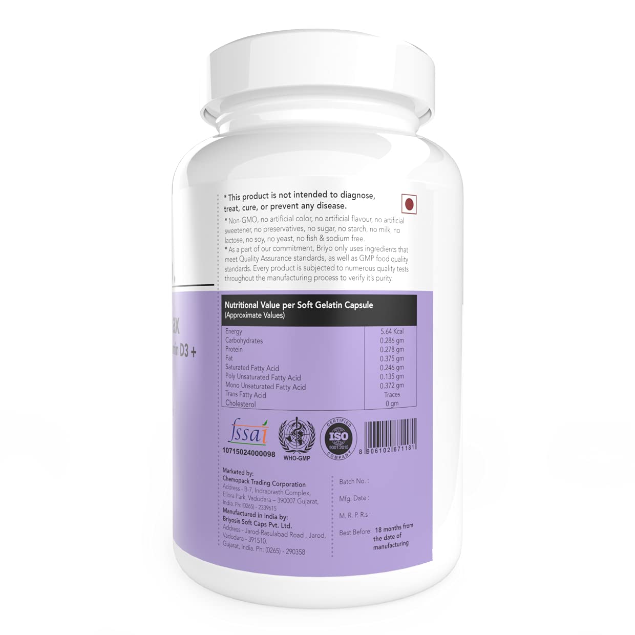 Briyosis Orthomax Vitamin D3 & K2-M7 + Calcium Dietary Supplement Capsules, 60 Capsules