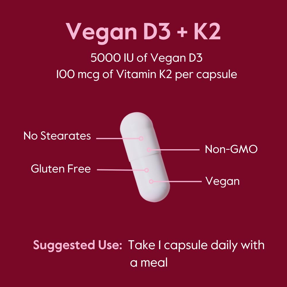 BESTVITE Vegan Vitamin D3 5000IU + Vitamin K2 100mcg as MK-7 Capsules, 120 Count