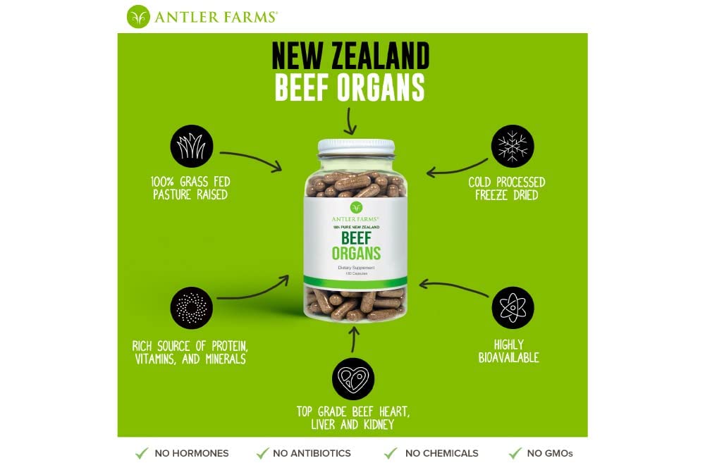 Antler Farms New Zealand Beef Organs - Heart, Liver & Kidney, 180 Capsules