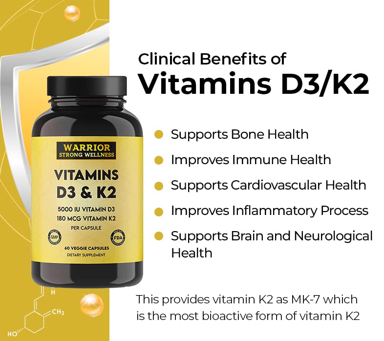Warrior Strong Wellness Vitamin D3 and K2 Supplement Capsule, 60 Veggie Capsules