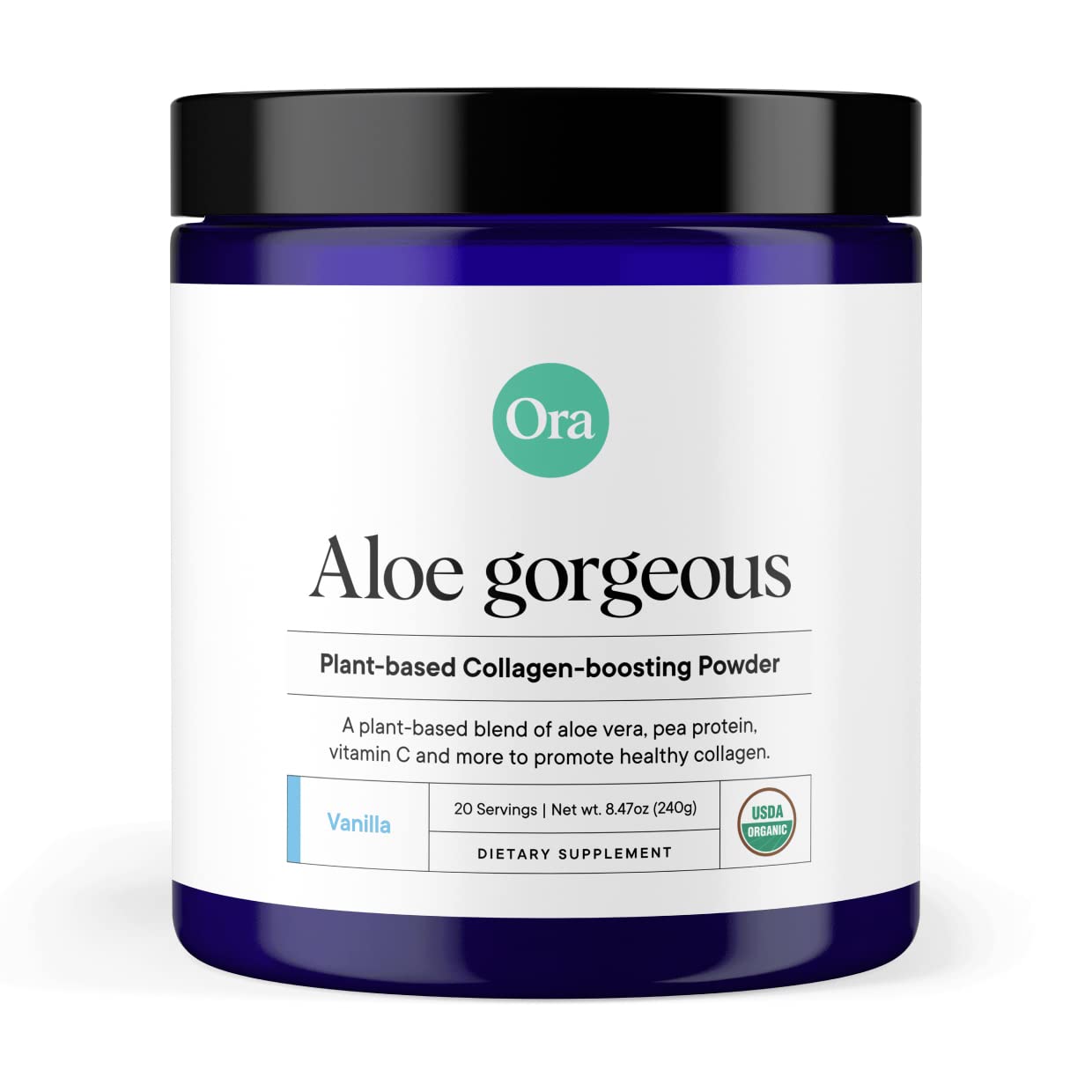 Ora Organic Vegan Collagen-Boosting Powder for Women and Men - Hair, Skin, & Nails Support - Bamboo Silica, Plant-Based Protein, Organic Vitamin C, Aloe Vera - Vanilla Flavor, 8.47 Ounce