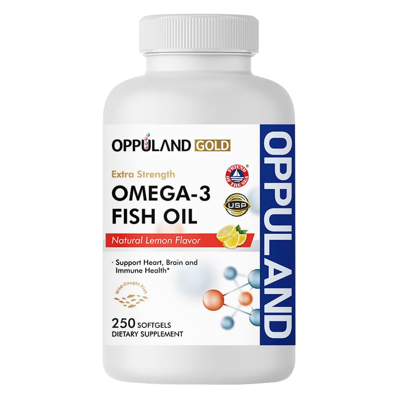 Oppuland Omega 3 Fatty Acids Fish Oil Supplement - Triple Strength - 1000 mg Encapsulations with EPA 165 mg & DHA 105 mg for Heart, Brain & Joint Care - Burpless Omega3 - Lemon Flavor, 250 Softgels