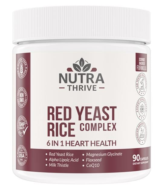 Nutrathrive Red Yeast Rice Complex 6 in 1 with CoQ10, Magnesium Glycinate, ALA, Flaxseed & Milk Thistle Daily Support, 60 Capsules