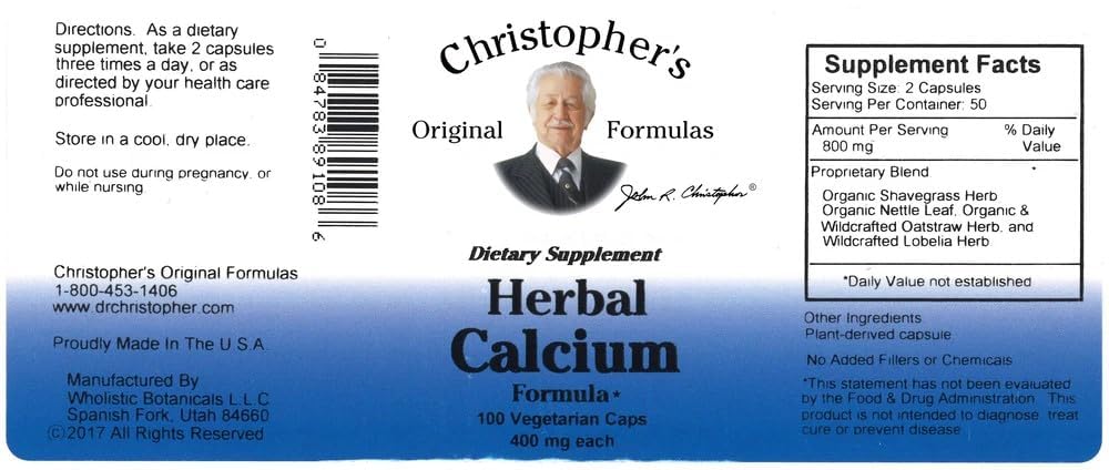 Christopher's Original Formulas Herbal Calcium, Natural Bone Support Capsules, 100 Capsules