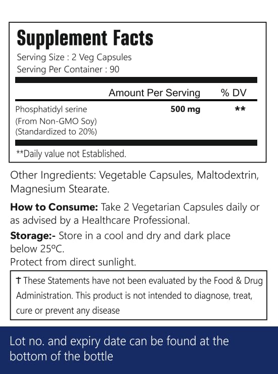 VitaCosmoX Phosphatidylserine 500mg Veggie Capsules, 180 Count