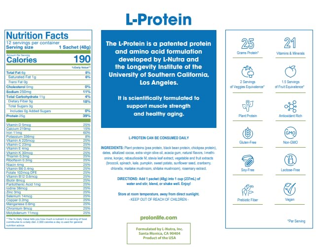 Prolon Longevity Plant Based Protein Powder Protein Powder 12 Packets