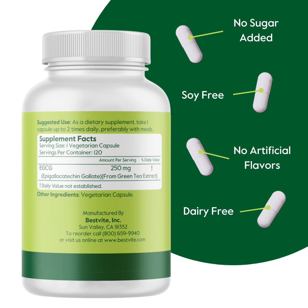 BESTVITE EGCG 250mg Green Tea Extract Capsules 120 Count