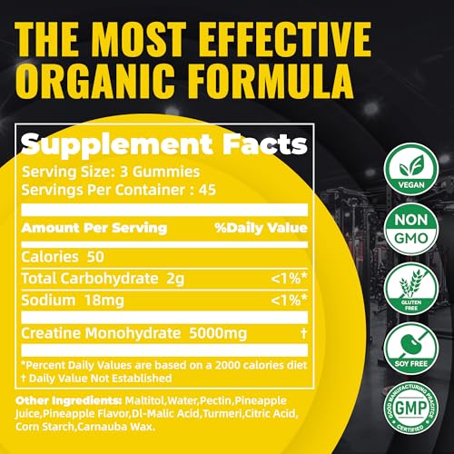 Natures Aid NSF Certified Creatine Gummy 5g - Creatine Monohydrate Gummies – Pre-Workout Energy & Muscle Growth Support for Men & Women | Pineapple Electrolyte Gummies (135 Count)