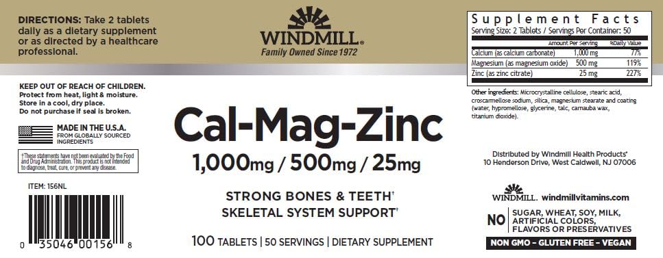 Windmill Calcium, Magnesium and Zinc Tablets, 100 Tablets