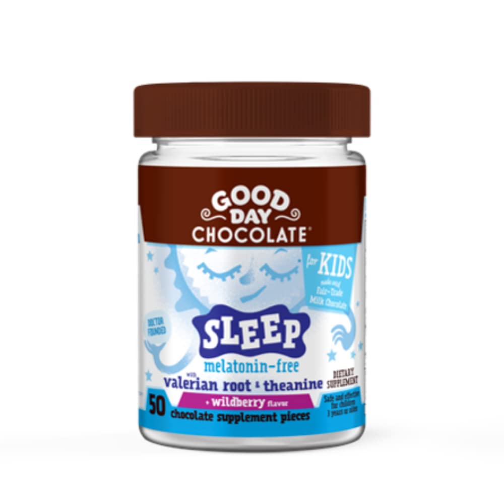 Good Day Chocolate Natural Valerian Root for Kids Chewable, Herbal Sleep Supplement with L-Theanine, Organic Wildberry Flavor, Fair Trade & Non-GMO Chocolate, 50 Chewables