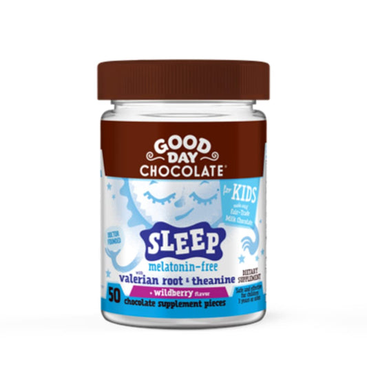 Good Day Chocolate Natural Valerian Root for Kids Chewable, Herbal Sleep Supplement with L-Theanine, Organic Wildberry Flavor, Fair Trade & Non-GMO Chocolate, 50 Chewables