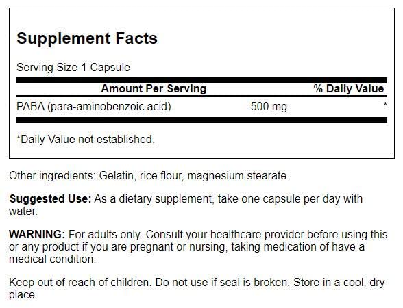 Swanson PABA - Powerful B Complex Supporting Red Blood Cell Formation - Folic Acid Component Aiding Supply Oxygen to Cells and Skin Health Support 120 Capsules