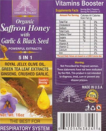 Essential Palace Organic Saffron Honey with Garlic & Black Seed Powerful Extracts 5 in 1 Capsule, 1 Capsule