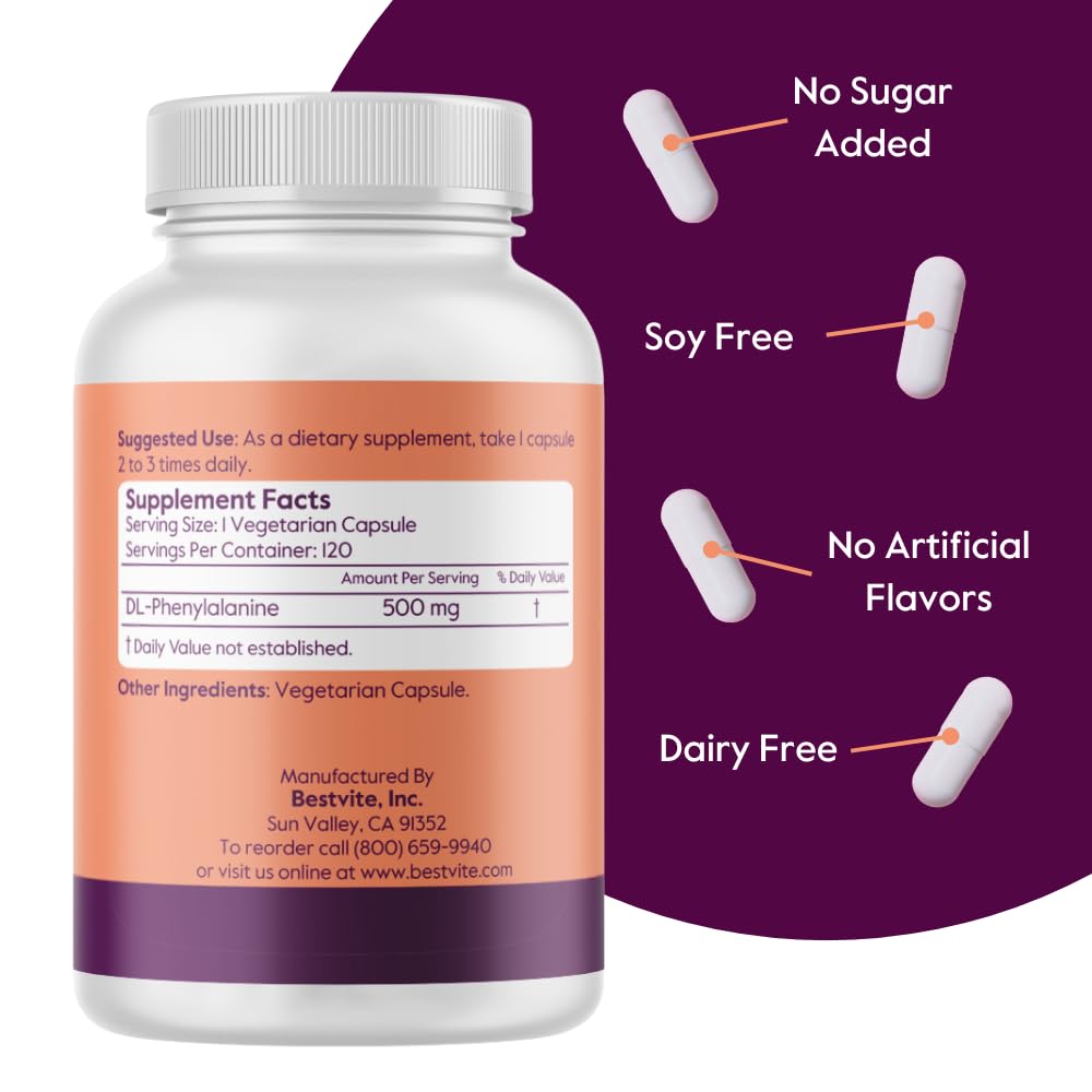 BESTVITE DL-Phenylalanine 500mg Capsules, 120 Capsules