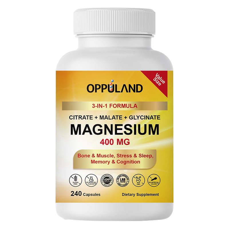 Oppuland Triple Magnesium Complex Supplement – 400mg with Citrate, Malate & Glycinate – Chelated Magnesium Blend for Women & Men – 240 Capsules