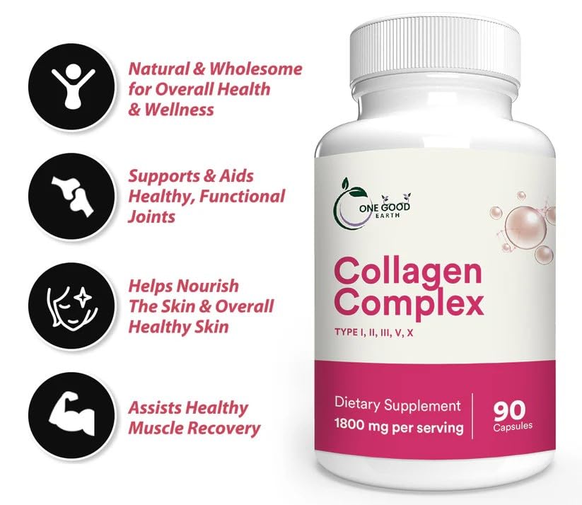 One Good Earth Collagen Complex Bovine Peptides Type I, II, III, V, X 1800mg with Vitamin C, Zinc, Copper and Manganese Capsule, 90 Count