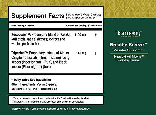 Harmony Nutraceuticals Vasaka Synergized with Triperine Ayurvedic Herbal Respiratory Care Capsules, 120 Count