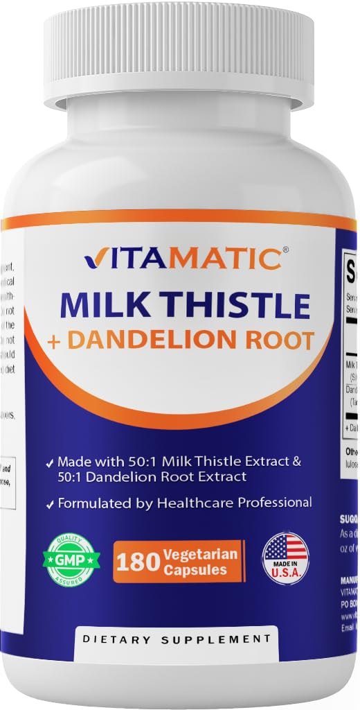 Vitamatic Milk Thistle with Dandelion Root 50:1 Plant-Based Botanical Extract Concentrated Herbal Capsules, 180 Count
