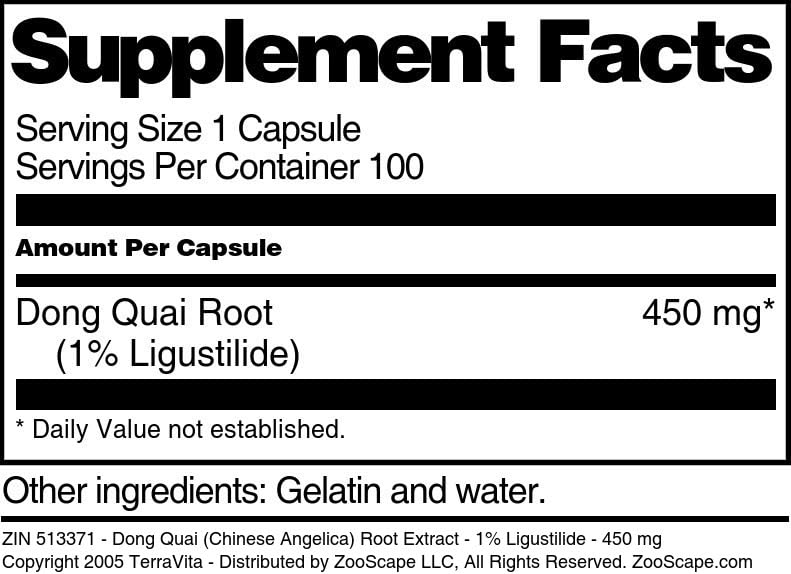 Terravita Dong Quai (Chinese Angelica) Root Extract - 1% Ligustilide - 450 mg Capsules, 100 Count