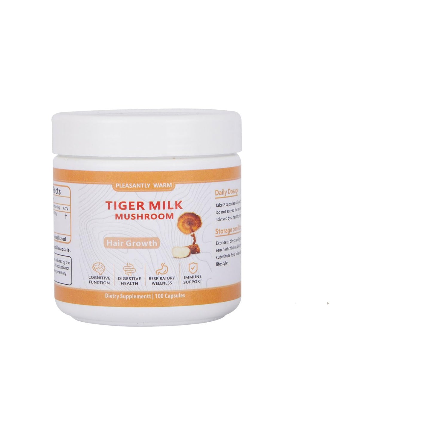 Pleasantly Warm Tiger Milk Mushroom Supplement 300mg with 50% Beta-Glucan for Immune Support, Lung & Respiratory Health, Focus, Hair Growth, Skin & Digestive Balance, 100 Capsules
