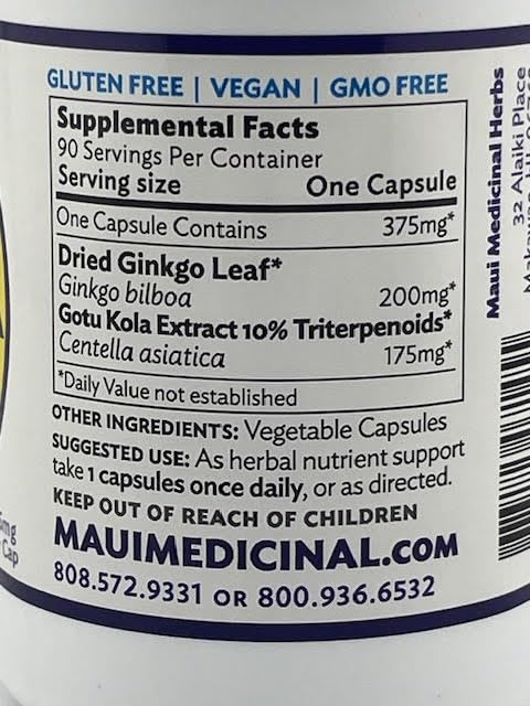 Maui Medicinal Herbs Ginkgo & Gotu Kola Brahmi Veggie Capsules, 90 Capsules
