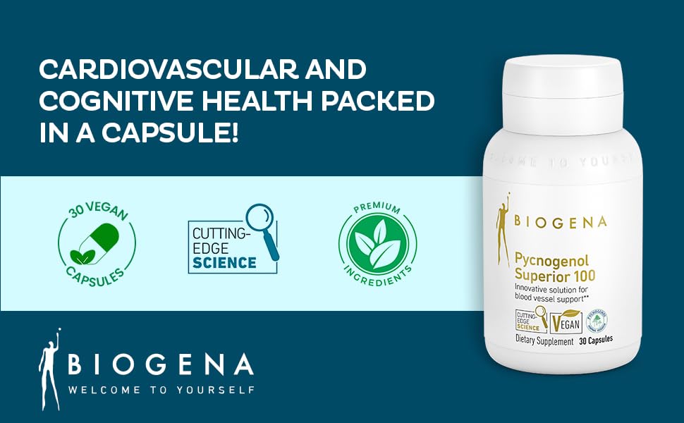 BIOGENA Pycnogenol 100 mg Gold with Premium Patented French Maritime Pine Bark Extract (Pinus Pinaster) Capsules, 30 Count
