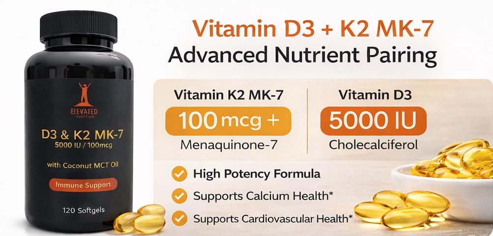 Elevated Nutrition Vitamin D3+K2 MK-7 with Coconut MCT Oil Softgels, 120 Count (5000IU D3 + 100mcg K2 MK-7)