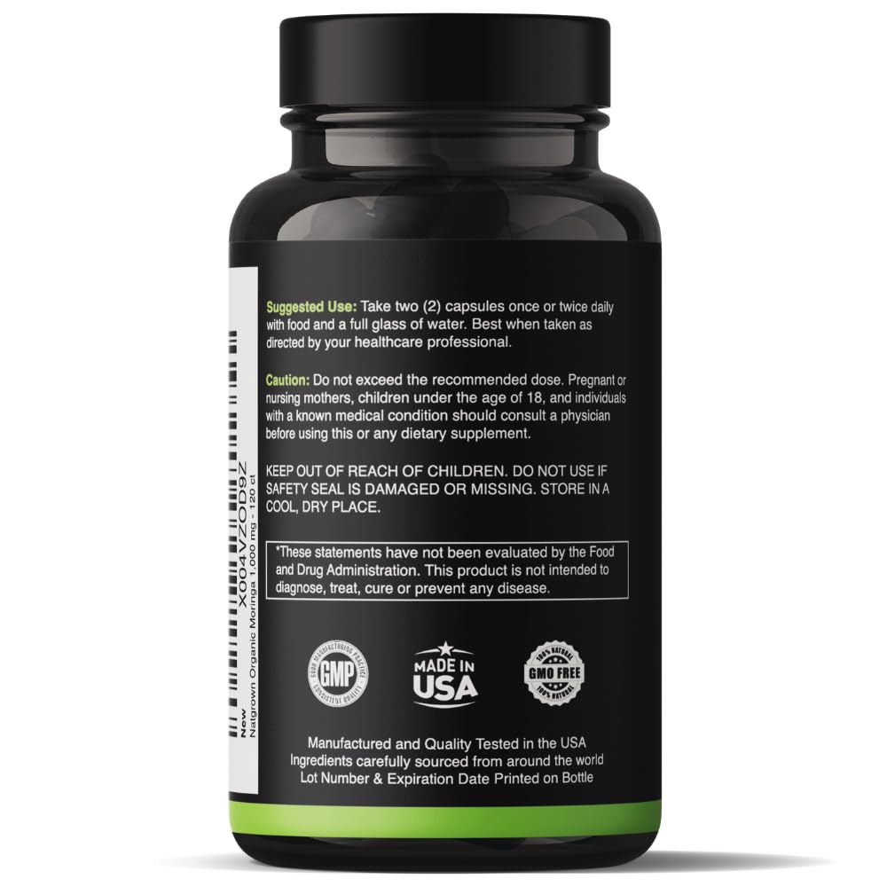 Natgrown Organic Moringa Capsules 1,000 mg - Pure Moringa Leaf Powder - Green Superfood Supplement - Vegan, Gluten-Free - 120 Capsules