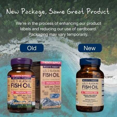 Wiley's Finest Wild Alaskan Fish Oil Prenatal DHA - 900mg EPA and DHA Omega-3s for Pregnant Women and Nursing Mothers Softgels 120 Count