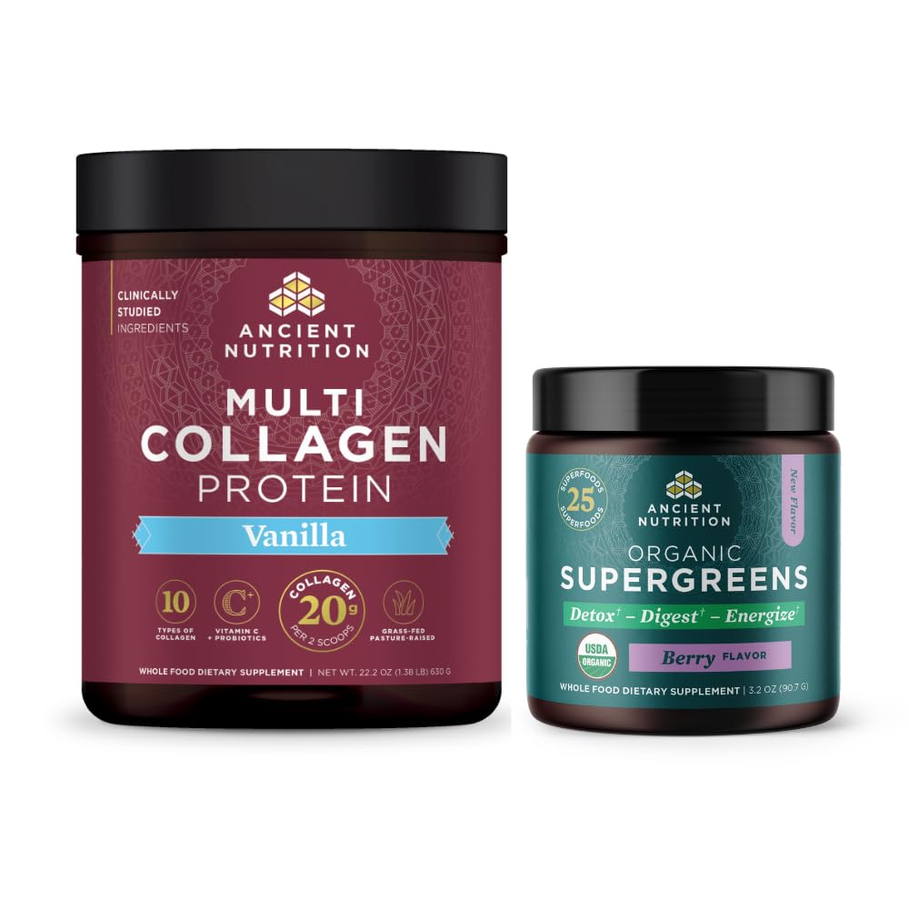 Ancient Nutrition Multi Collagen Protein Powder Vanilla + Organic Supergreens Powder Berry, Powder, 25.4