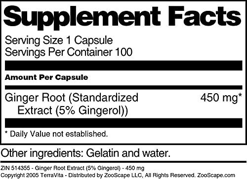 Terravita Ginger Root Extract (5% Gingerol) 450 mg Capsules, 300 Count
