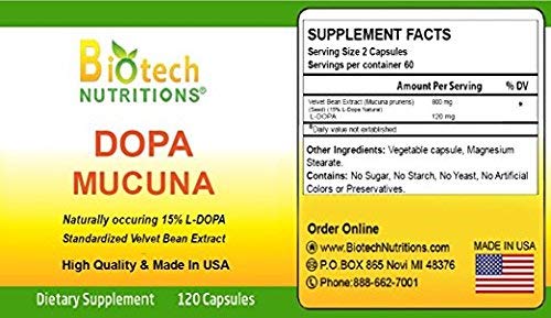 Biotech Nutritions Dopa Mucuna 15% L-Dopa (Mucuna pruriens) Capsule, 120 Count