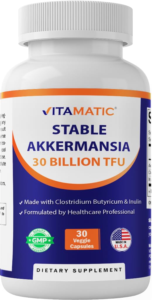 Vitamatic Akkermansia Muciniphila 30 Billion TFU + Clostridium Butyricum + Prebiotic Inulin GLP-1 Probiotic Capsules, 30 Count