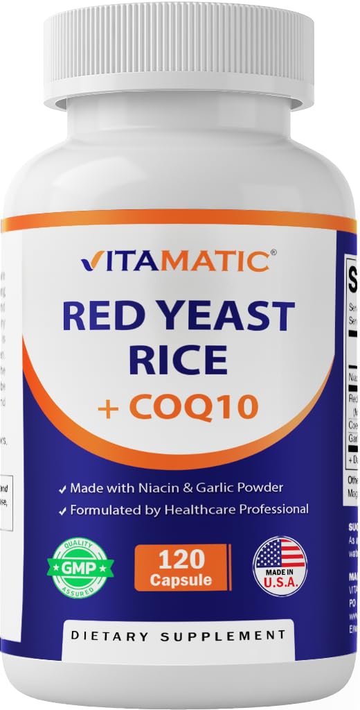 Vitamatic Citrinin-Free Red Yeast Rice 1200 mg Capsules with CoQ10 100 mg, Flush-Free Niacin 100 mg, Garlic Powder 20 mg - 120 Veg Capsules
