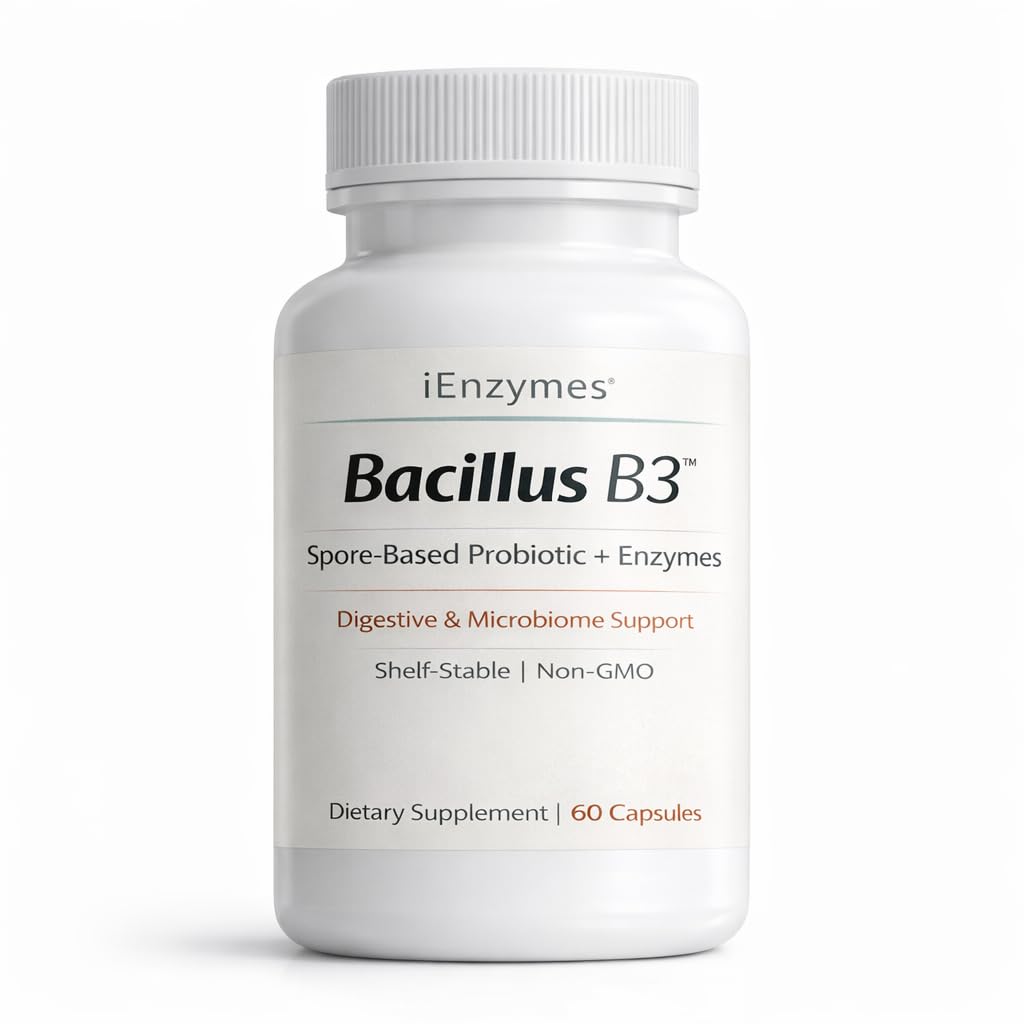iEnzymes Bacillus B3 Spore-Based Probiotic + Enzymes for Gut Health & Microbiome Support, 60 Capsules